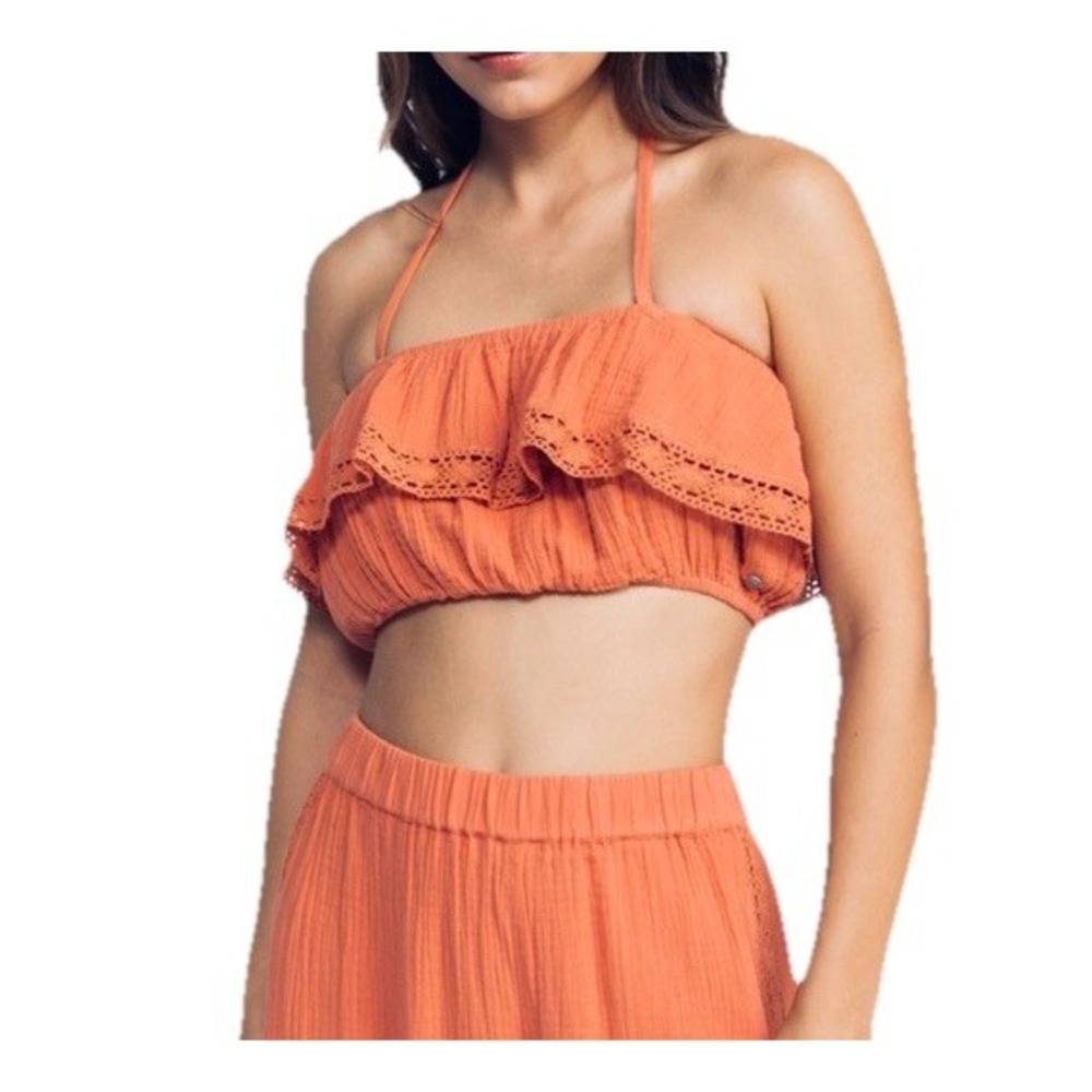 Roxy Golden Tropic Crochet Trim Cotton Crop Top NWT Boho Festival Apricot Size M